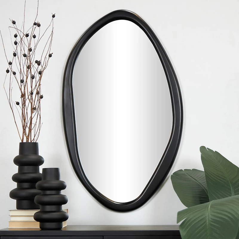 39" Black Wooden Abstract Oval Framed Wall Mirror