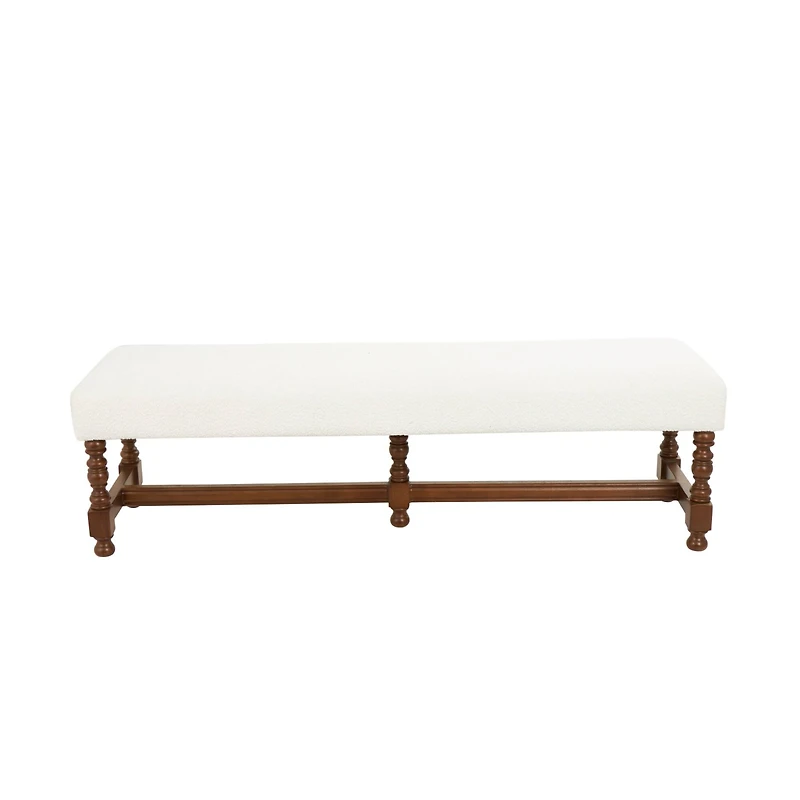 59" Cream Fabric Bench with Brown Traditional Wood Turned Legs