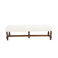 59" Cream Fabric Bench with Brown Traditional Wood Turned Legs
