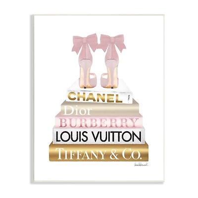 Stupell Industries Pink Gold Heels Bookstack Glam Fashion Design Wood Wall Plaque