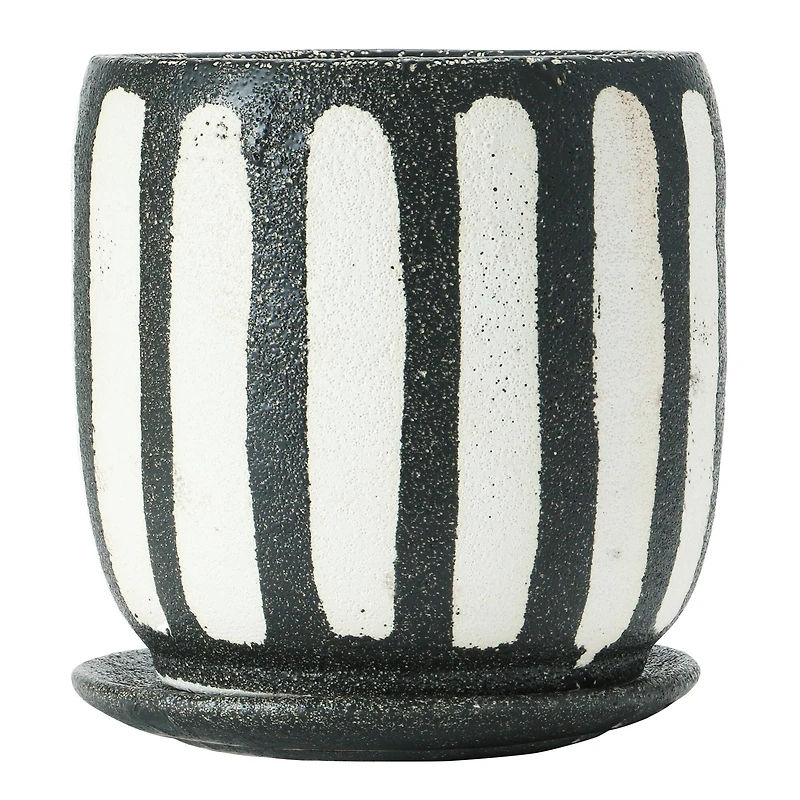 Hello Honey® 7.5" Black & White Hand-Painted Terra Cotta Planter with Saucer Set