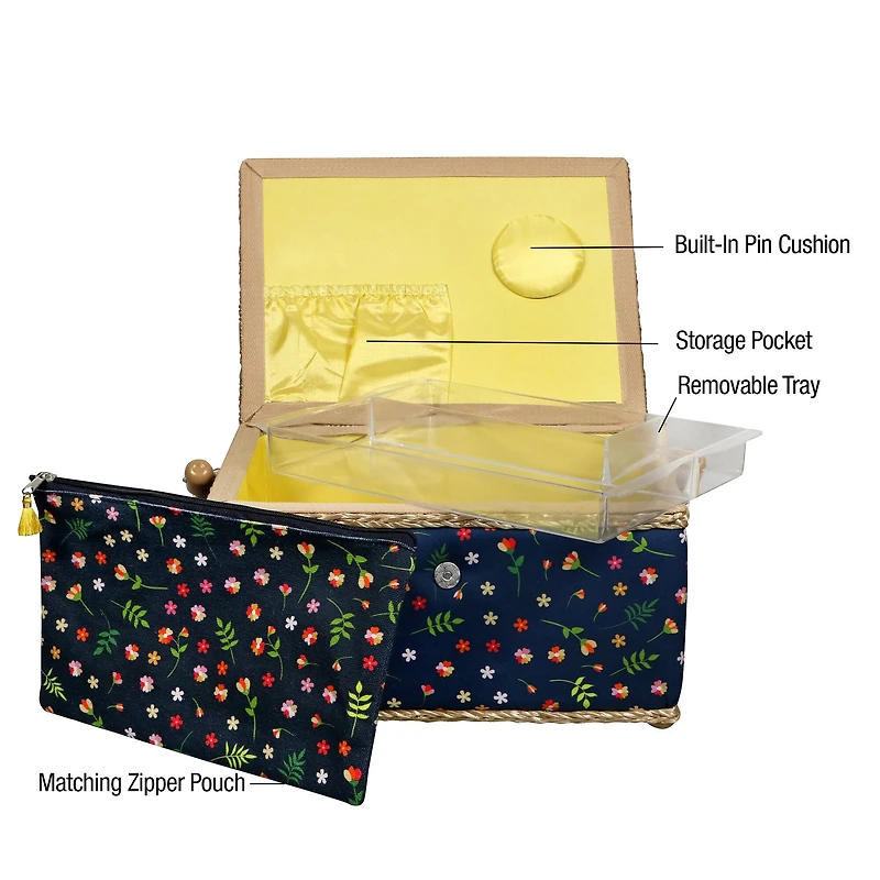 SINGER® Ditsy Floral Print Large Sewing Basket with Matching Zipper Pouch