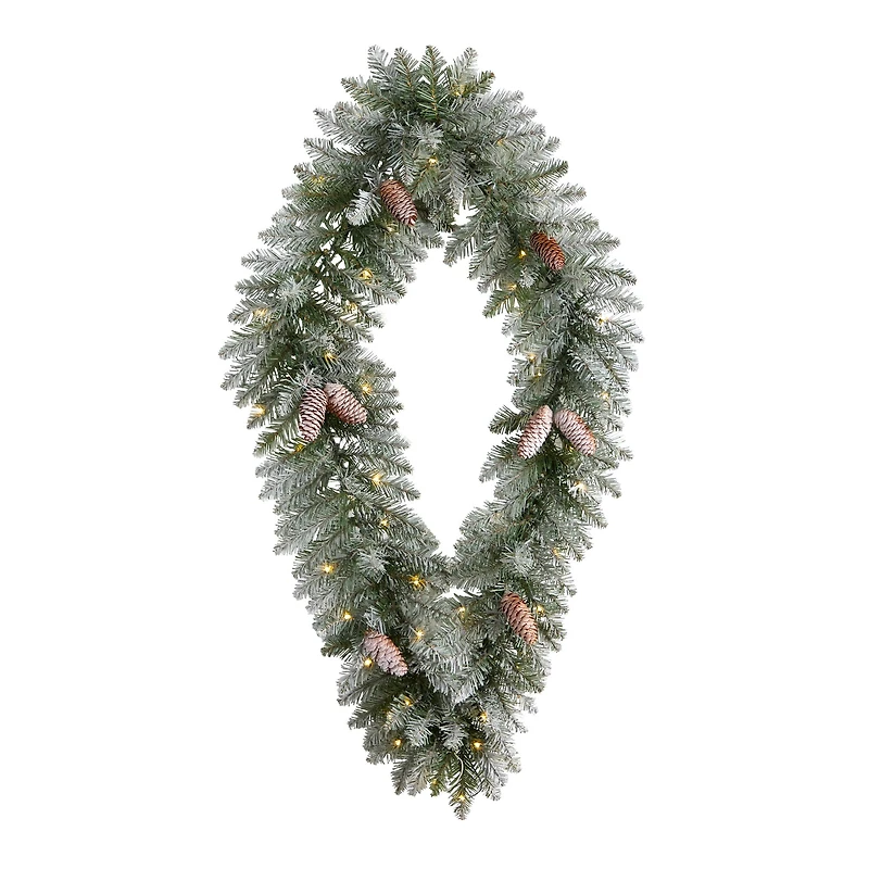 3ft. White LED Lights Geometric Diamond Christmas Frosted Wreath With Pinecones