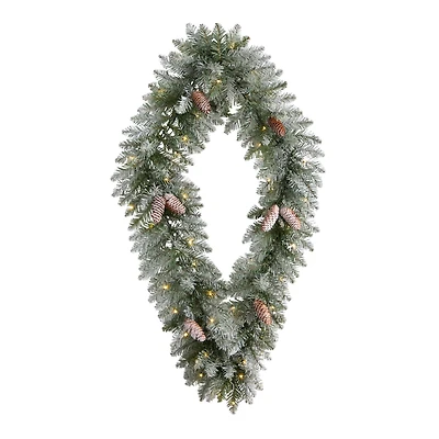3ft. White LED Lights Geometric Diamond Christmas Frosted Wreath With Pinecones