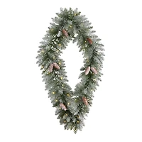3ft. White LED Lights Geometric Diamond Christmas Frosted Wreath With Pinecones