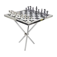 Silver Aluminum Contemporary Game Set Table, 4" x 25" x 22"