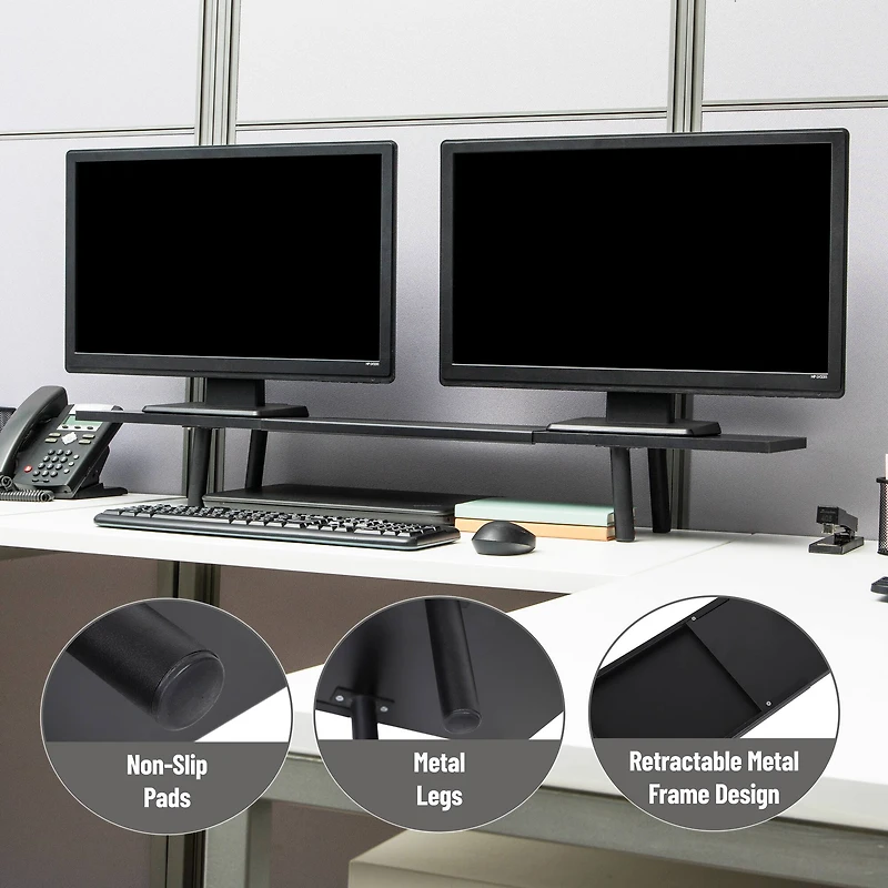 Mind Reader Extendable Monitor Stand, Adjustable Desktop Riser for Dual Monitors, Printers, Laptops, TV, 31.5–40 Inch Width, 88 lb Capacity, Metal and MDF Wood, Black