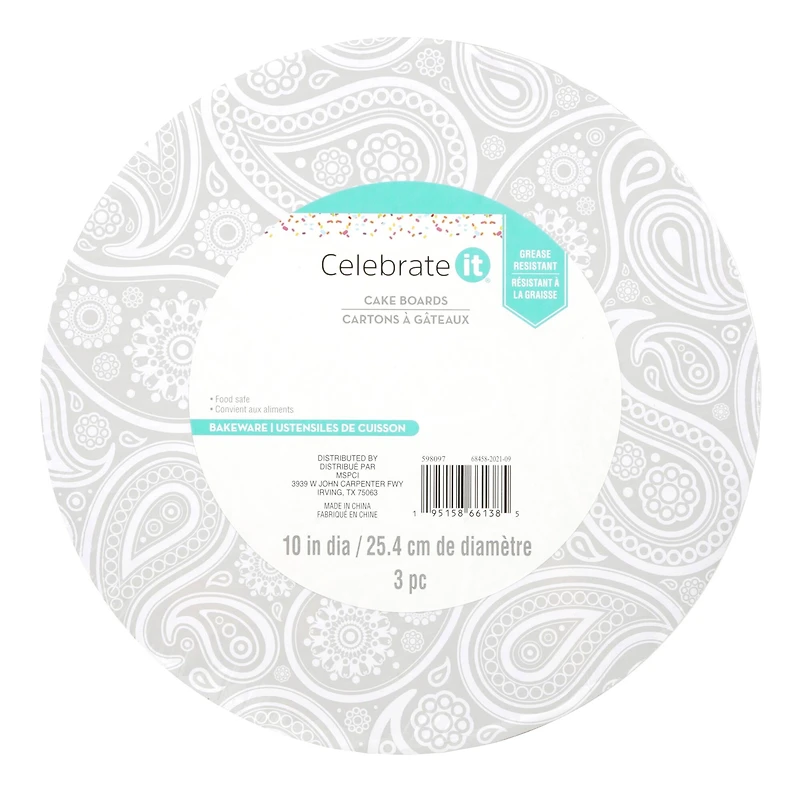 12 Packs: 3 ct. (36 total) 10" Silver Paisley Cake Boards by Celebrate It®