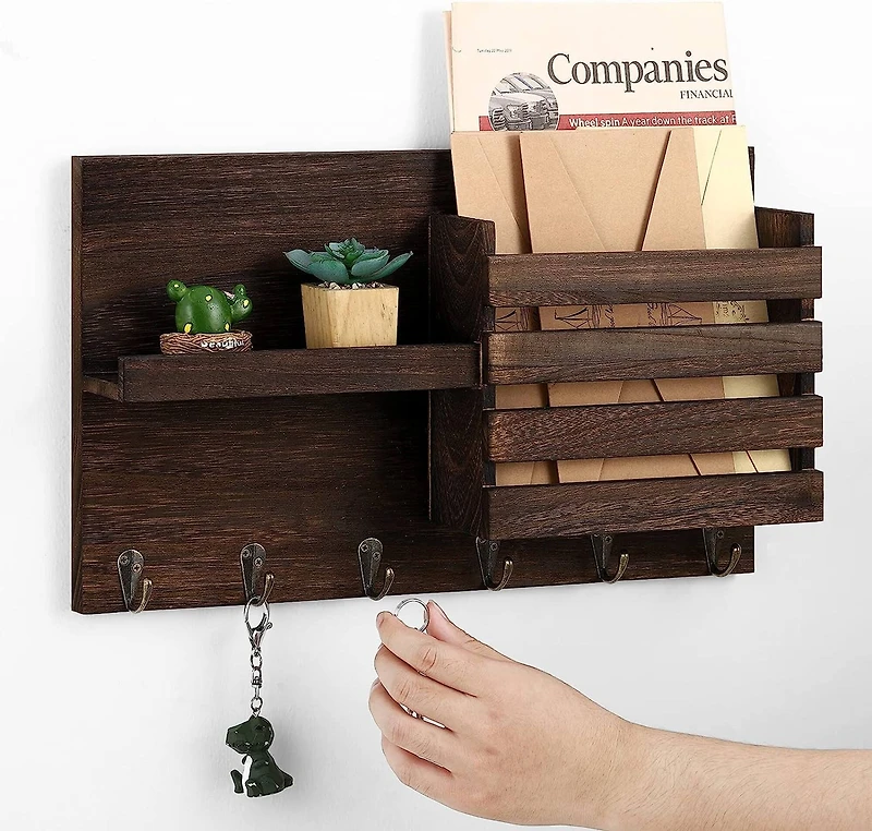 NEX™ Rustic Brown Wall-Mounted Mail Envelope Organizer with Key Hooks