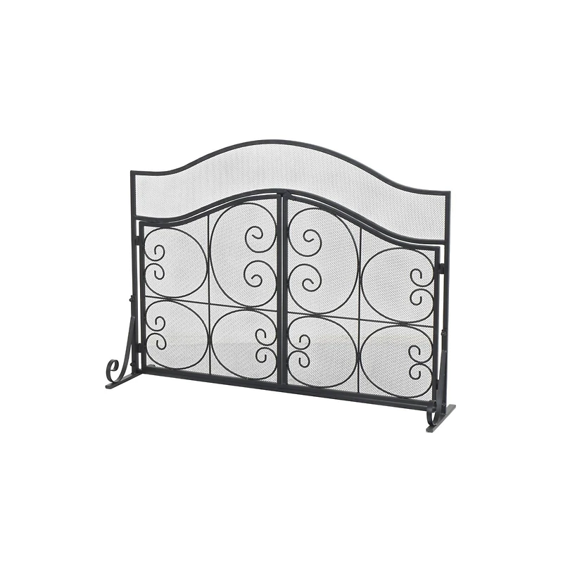 41" Black Metal Scroll Arched 1-Panel 2-Door Fireplace Screen with Mesh Backing