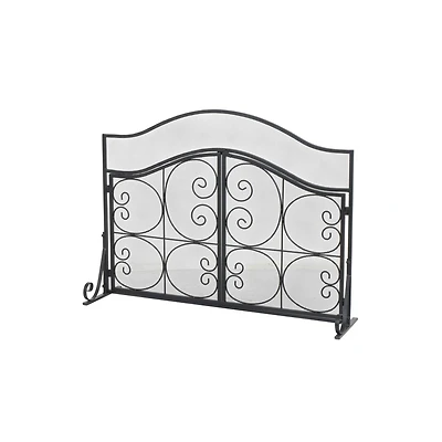 41" Black Metal Scroll Arched 1-Panel 2-Door Fireplace Screen with Mesh Backing