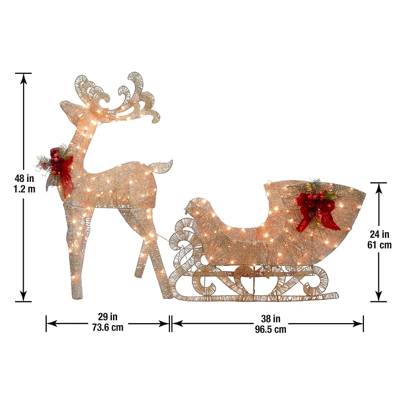 48" Champagne Reindeer Pulling Sleigh, White LED Lights