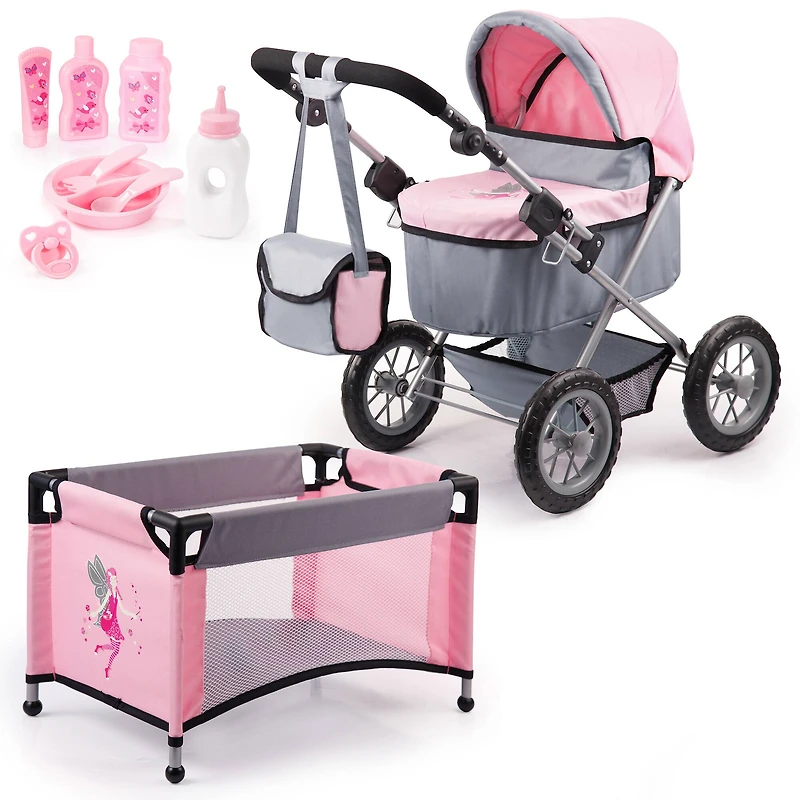 Bayer Design Trendy Pink & Gray Fairy Pram & Travel Bed Set