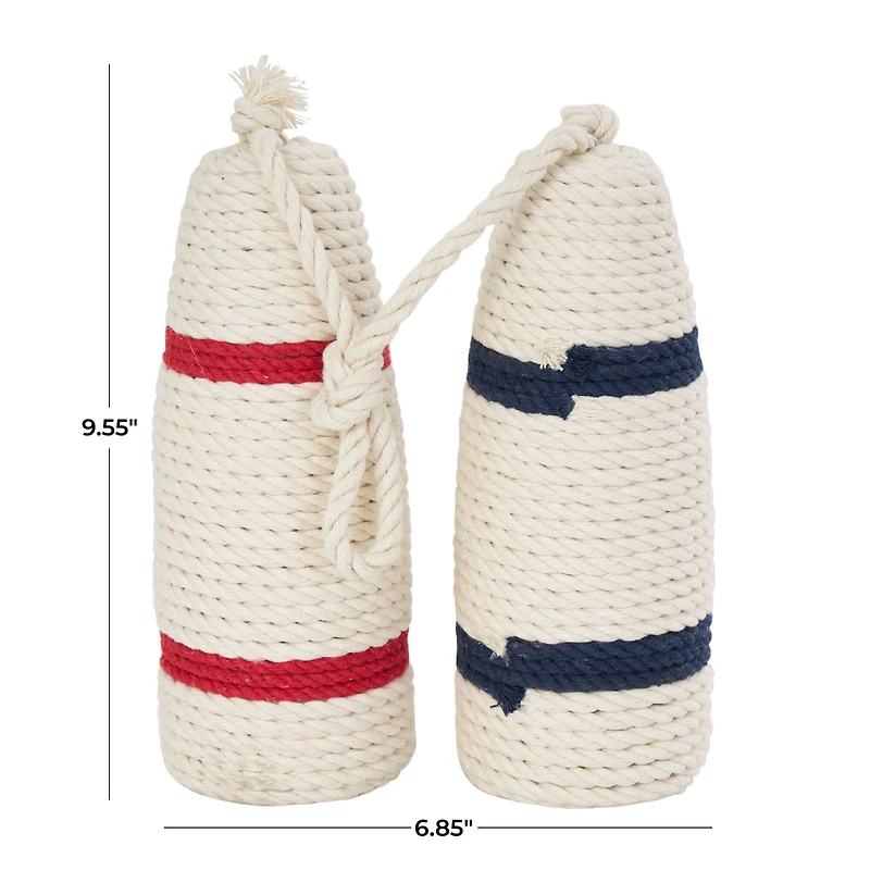 9.5" White Buoy Handmade Coiled Striped Rope Sculpture
