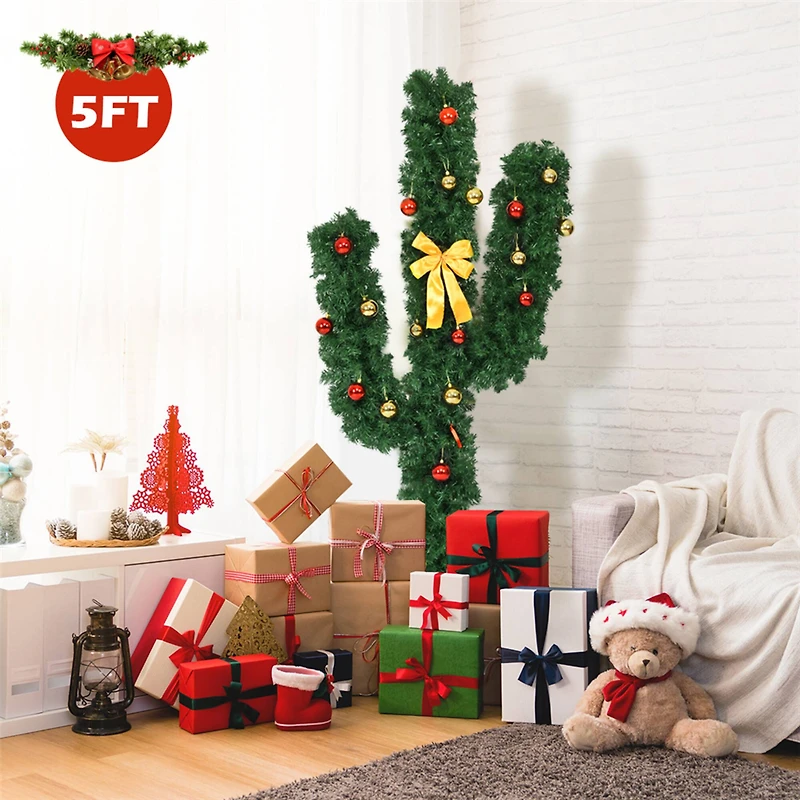 Costway 5ft. Pre-Lit Cactus Artificial Christmas Tree with Ball Ornaments, Warm White LED Lights