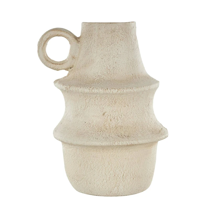 15.25" Cream Textured Paper Mache Fluted Vase with Ring Handle