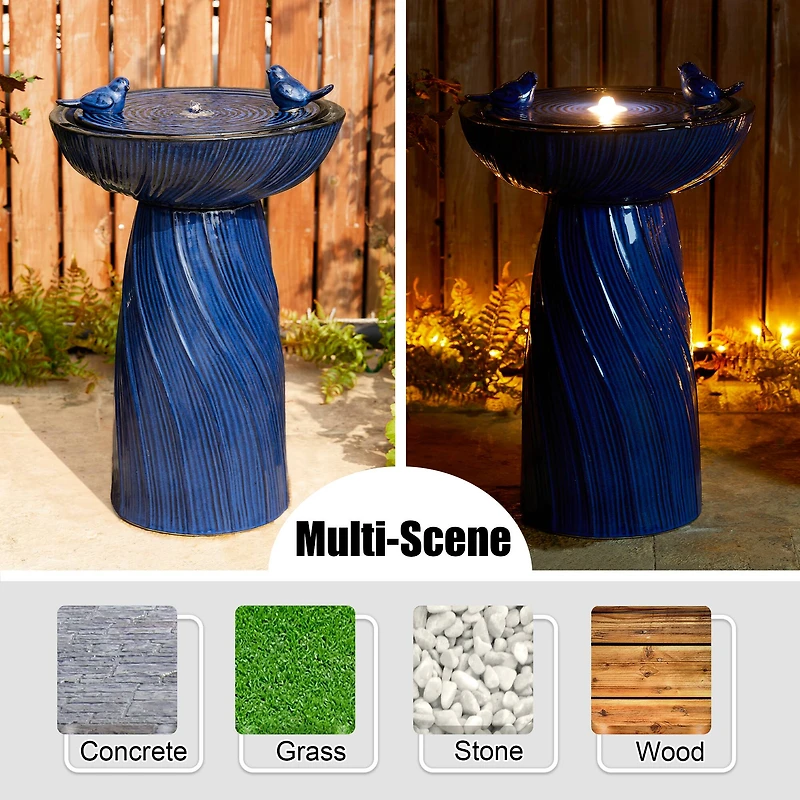 Glitzhome® 24.75" LED Cobalt Blue Twist Ceramic Birdbath Outdoor Floor Fountain