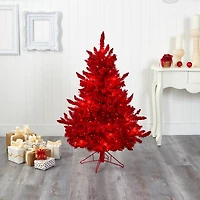 4ft. Pre-Lit Red Flocked Fraser Fir Artificial Christmas Tree with Red Lights