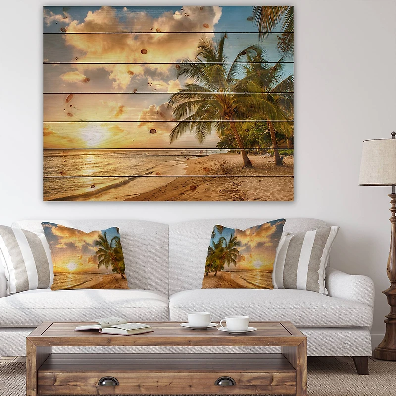 Designart - Gorgeous Beach of Island Barbados - Modern Seascape Print on Natural Pine Wood