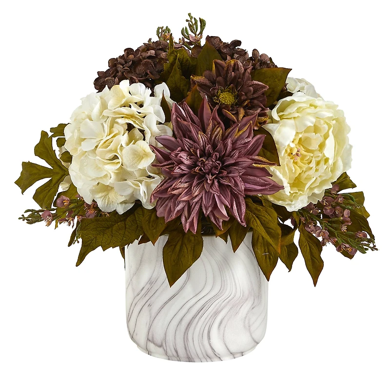 15in. Peony, Hydrangea, Dahlia Arrangement in Marble Finished Vase