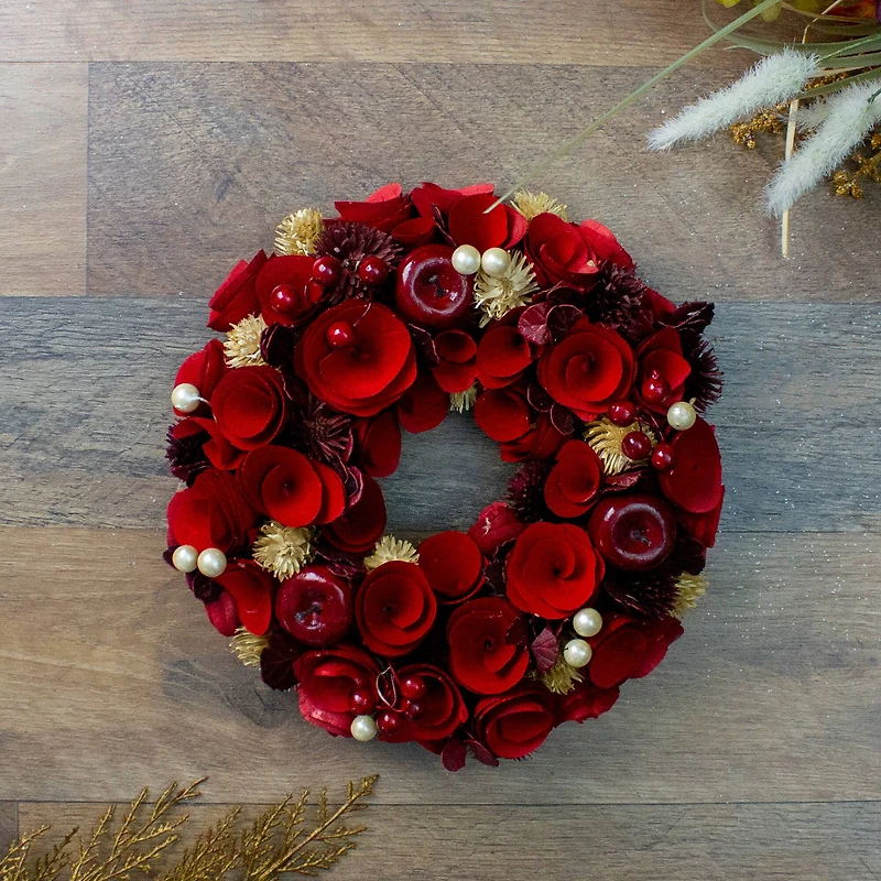 12" Unlit Red Wooden Rose Apple & Faux Pearl Artificial Valentines Wreath