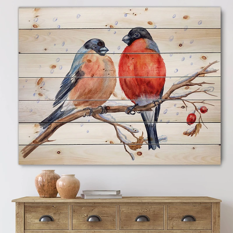 Designart - Two Bullfinches On A Hawthorn Branch with Snowfall