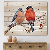 Designart - Two Bullfinches On A Hawthorn Branch with Snowfall