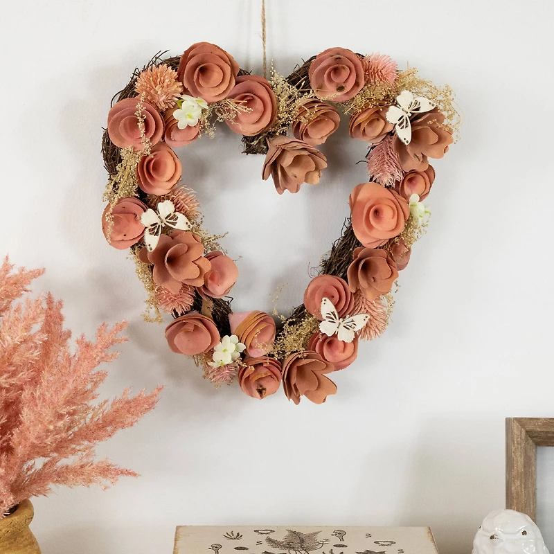 10" Pink Wooden Rose Heart Spring Wreath with Butterflies