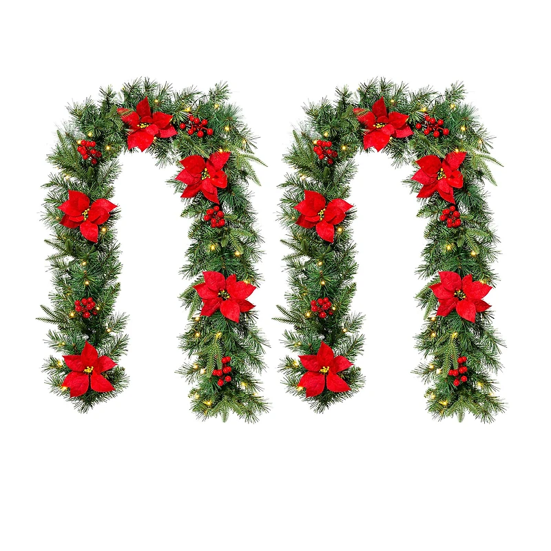 Glitzhome® 6ft. Pre-Lit Pine, Red Poinsettia & Berries Christmas Garlands with Timers, 2ct.