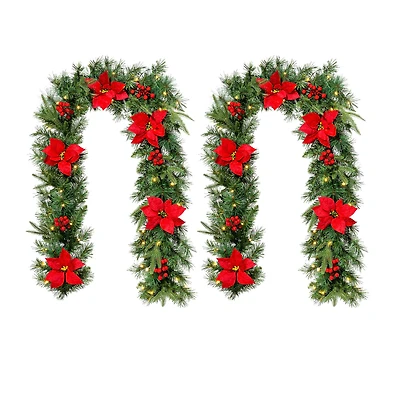 Glitzhome® 6ft. Pre-Lit Pine, Red Poinsettia & Berries Christmas Garlands with Timers, 2ct.