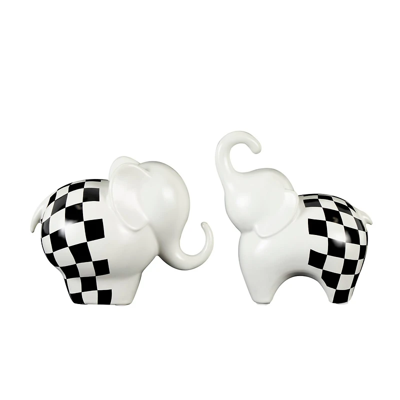 White Ceramic Elephant Sculpture with Checkered Pattern Set