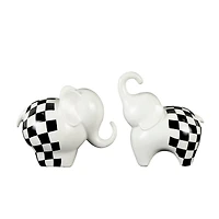White Ceramic Elephant Sculpture with Checkered Pattern Set