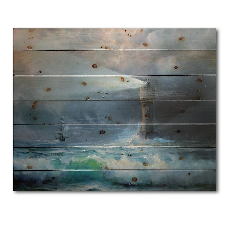 Designart - Lighthouse Shining Light During Stormy Night II