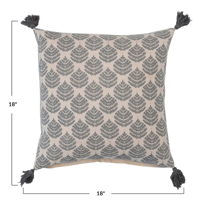 Hello Honey® 18" Gray & Gold Leaf Pattern Cotton Pillow with Tassels