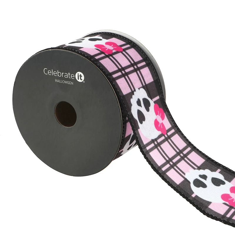 2.5" x 20ft. Pink & Black Skulls on Plaid Wired Ribbon by Celebrate It® Halloween