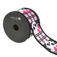 2.5" x 20ft. Pink & Black Skulls on Plaid Wired Ribbon by Celebrate It® Halloween