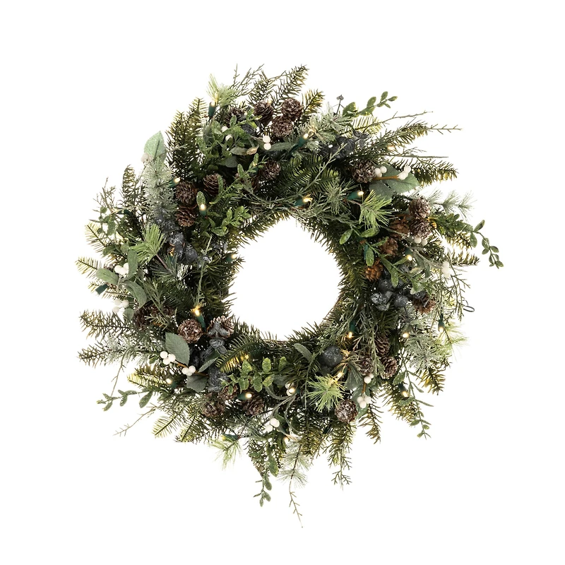 Village Lighting 24" Pre-Lit Rustic White Berry Christmas Wreath, Clear LED Lights
