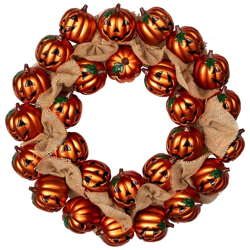 20'' Unlit Jack-O-Lantern and Burlap Ribbon Halloween Wreath
