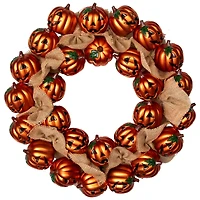 20'' Unlit Jack-O-Lantern and Burlap Ribbon Halloween Wreath