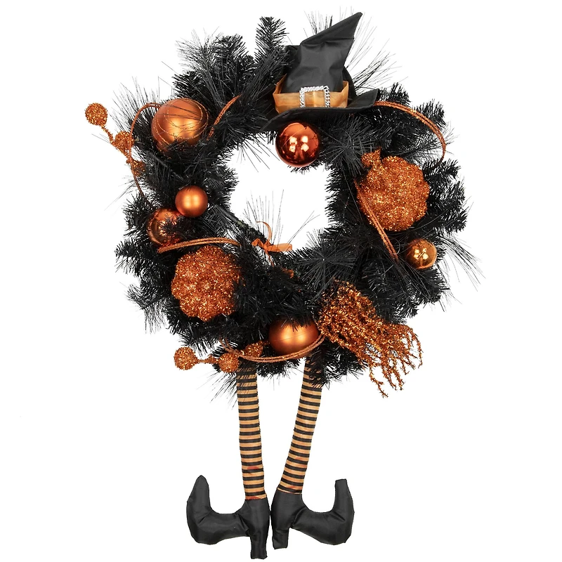 24'' Unlit Orange and Black Witch and Pumpkins Halloween Wreath