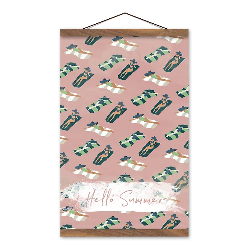Hello Summer Pink Sun Bathers Teak Hanging Canvas