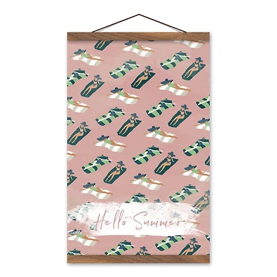 Hello Summer Pink Sun Bathers Teak Hanging Canvas