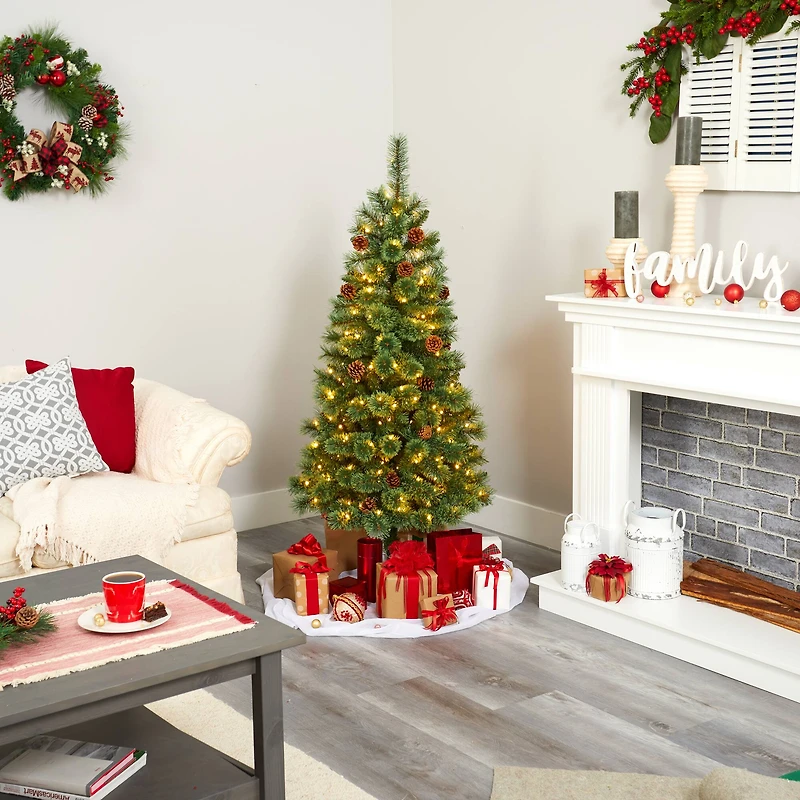 5ft. Pre-Lit White Mountain Pine & Pinecones Artificial Christmas Tree with Clear LED Lights