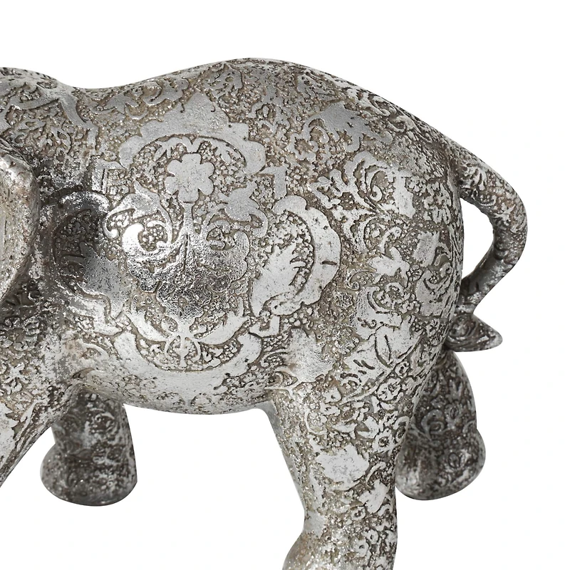 7" Silver Elephant Engraved Floral Sculpture