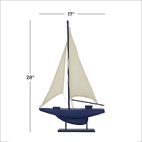 Coastal Dark Blue Wooden Sailboat Sculpture, 28" x 17" x 3"