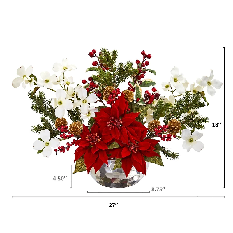18" Red Poinsettia, Dogwood, Berry & Pine Artificial Arrangement in Silver Vase