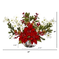18" Red Poinsettia, Dogwood, Berry & Pine Artificial Arrangement in Silver Vase