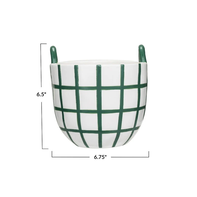 Hello Honey® 6.75" Hand-Painted Green & White Grid Stoneware Container with Handles
