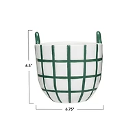 Hello Honey® 6.75" Hand-Painted Green & White Grid Stoneware Container with Handles