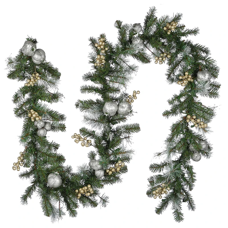 9ft. Pre-lit Glittery Pomegranate Pine Garland with Silver Pomegranates,Champagne Berries Frosted Tips and 100 Clear Lights